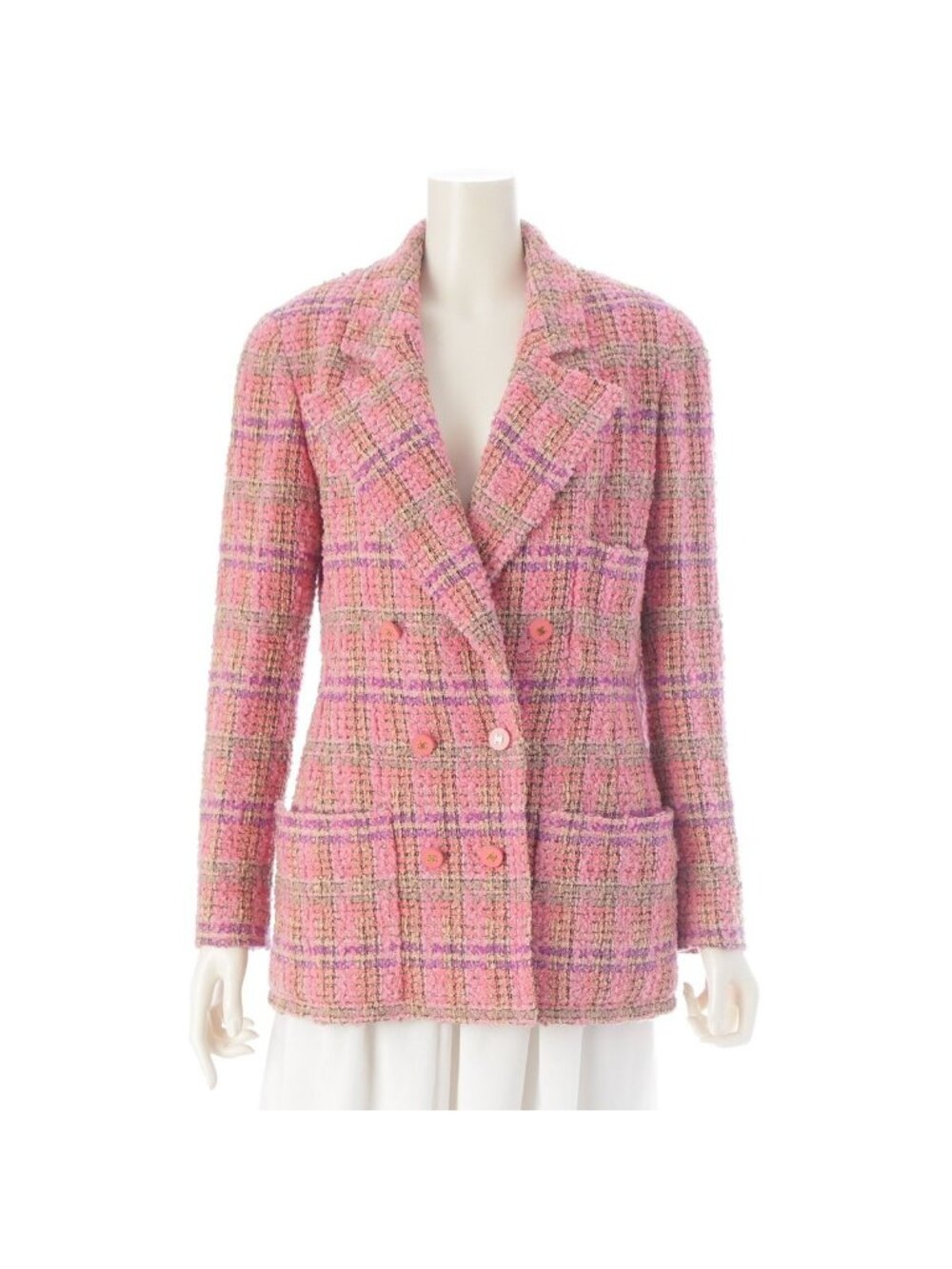 Chanel Vintage Coco Buttons Tweed Double Bracelet Tailored Jacket Pink 40